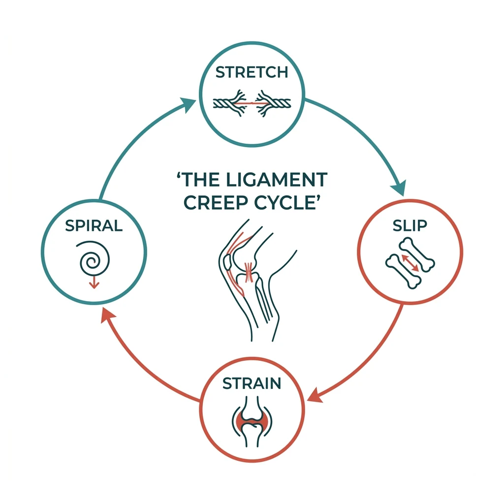 The 4-Stage Ligament Creep Cycle: Stretch, Slip, Strain, Spiral